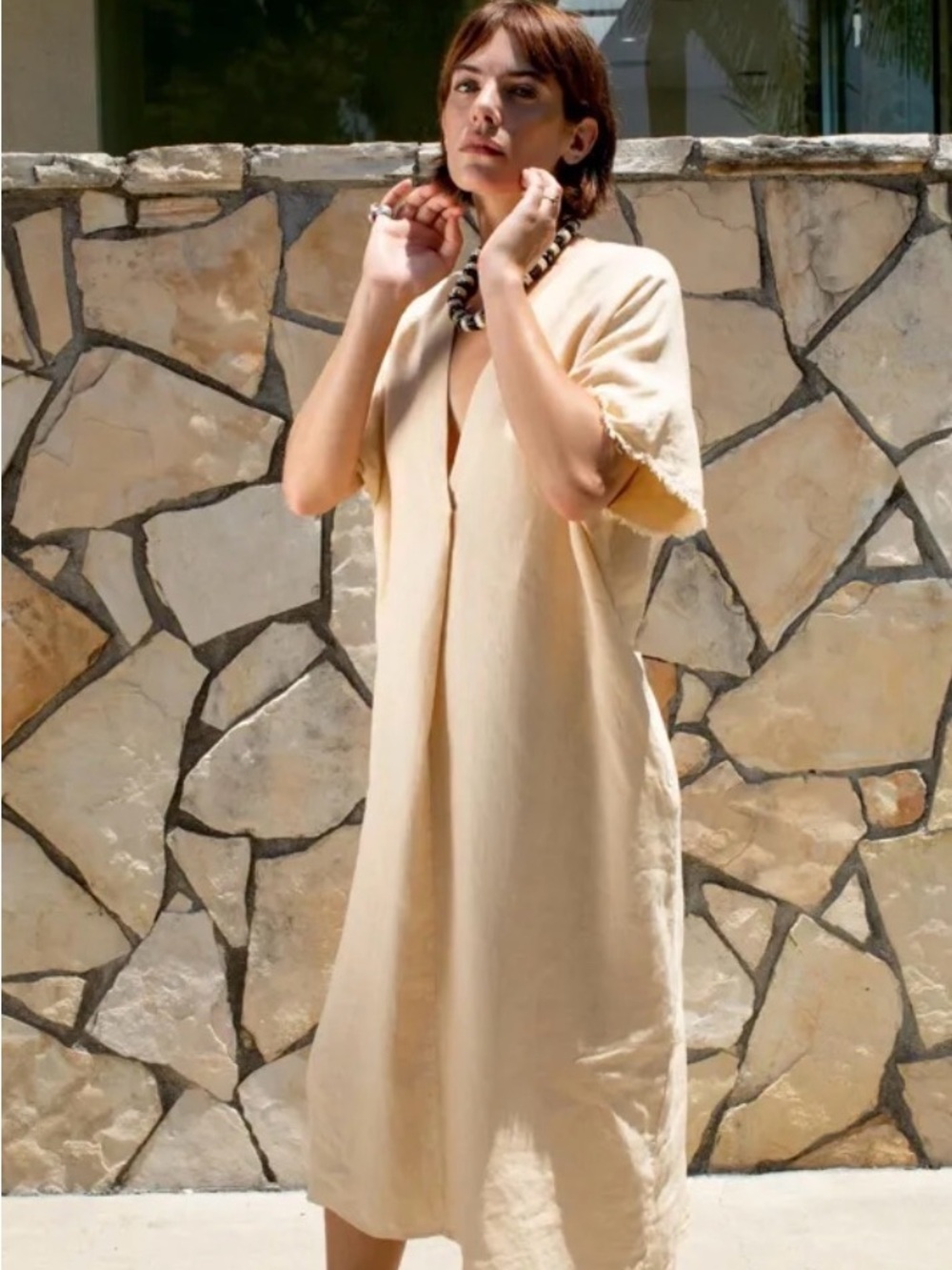 Zara Cream Midi Dress with V-Neck and Short Sleeves